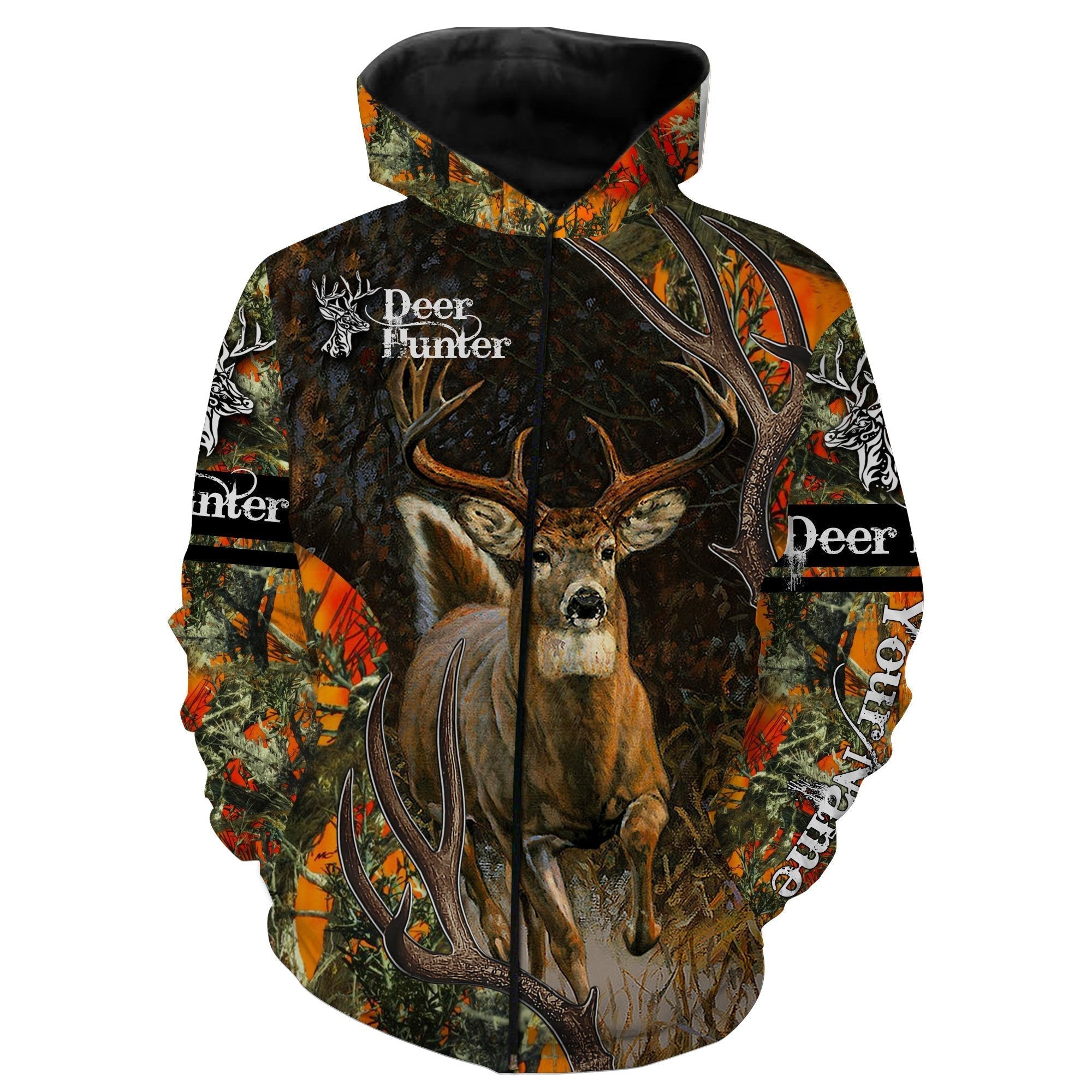 The Deer Hunter Black Orange Camo Hunting Shirt Customize Name 3D All Over Printed Shirt, Custom Mule Deer Hunting Shirt