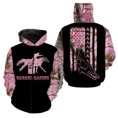 Barrel Racing Rodeo American Flag Pink Camo Shirt, Cowgirl Gift Customized Name Horse Shirt