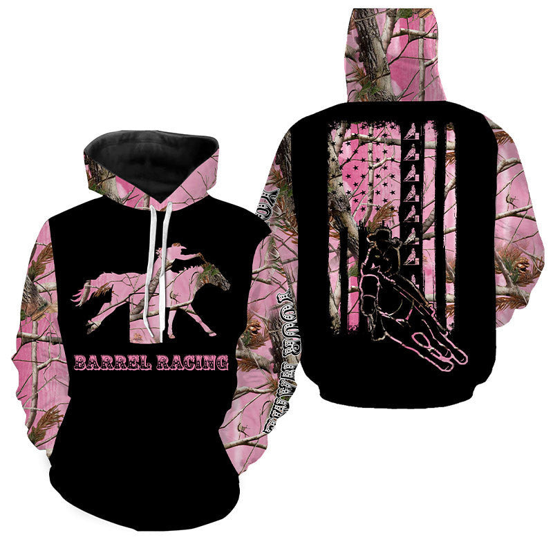 Barrel Racing Rodeo American Flag Pink Camo Shirt, Cowgirl Gift Customized Name Horse Shirt