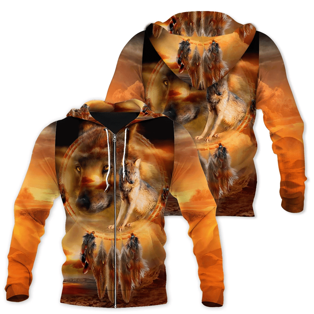 Native American Native Wolf And Dreamcatcher Sunrise 3D Printed Zip Hoodie