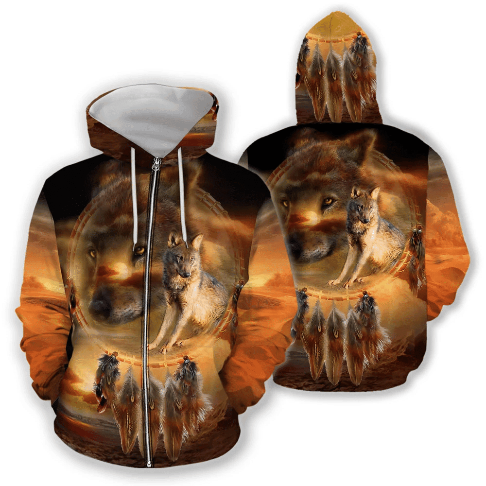 Native American Native Wolf And Dreamcatcher Sunrise 3D Printed Zip Hoodie