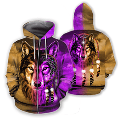 Native American Native Wolf Head Gold And Purple 3D Printed Zip Hoodie