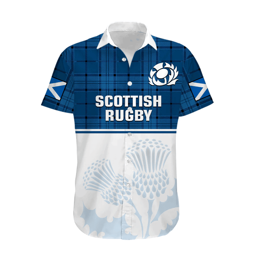 Scotland Rugby Hawaiian Shirt Thistle Mix Tartan Scottish Map Sporty Version Blue LT14