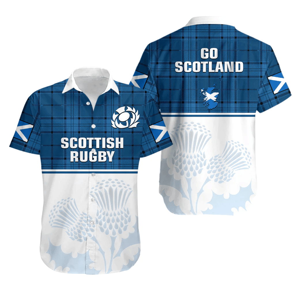 Scotland Rugby Hawaiian Shirt Thistle Mix Tartan Scottish Map Sporty Version Blue LT14