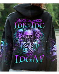 Stuck Between IDK IDC IDGAF Black Skull Hoodie