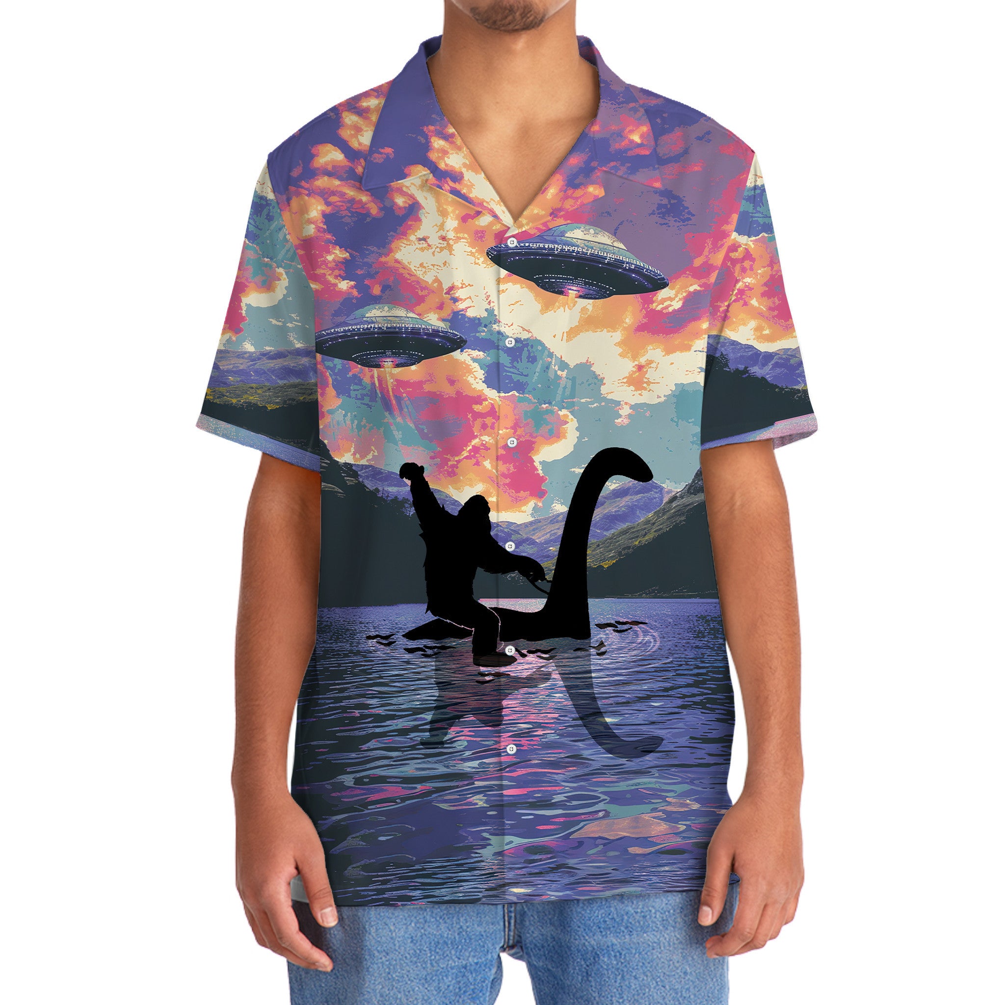 Bigfoot Riding Nessie Loch Ness Monster Hawaiian Shirt