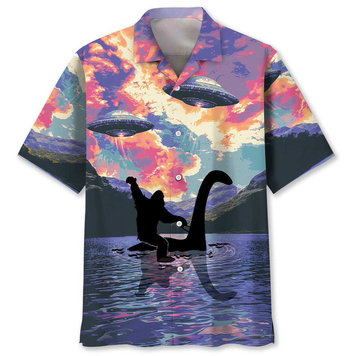 Bigfoot Riding Nessie Loch Ness Monster Hawaiian Shirt